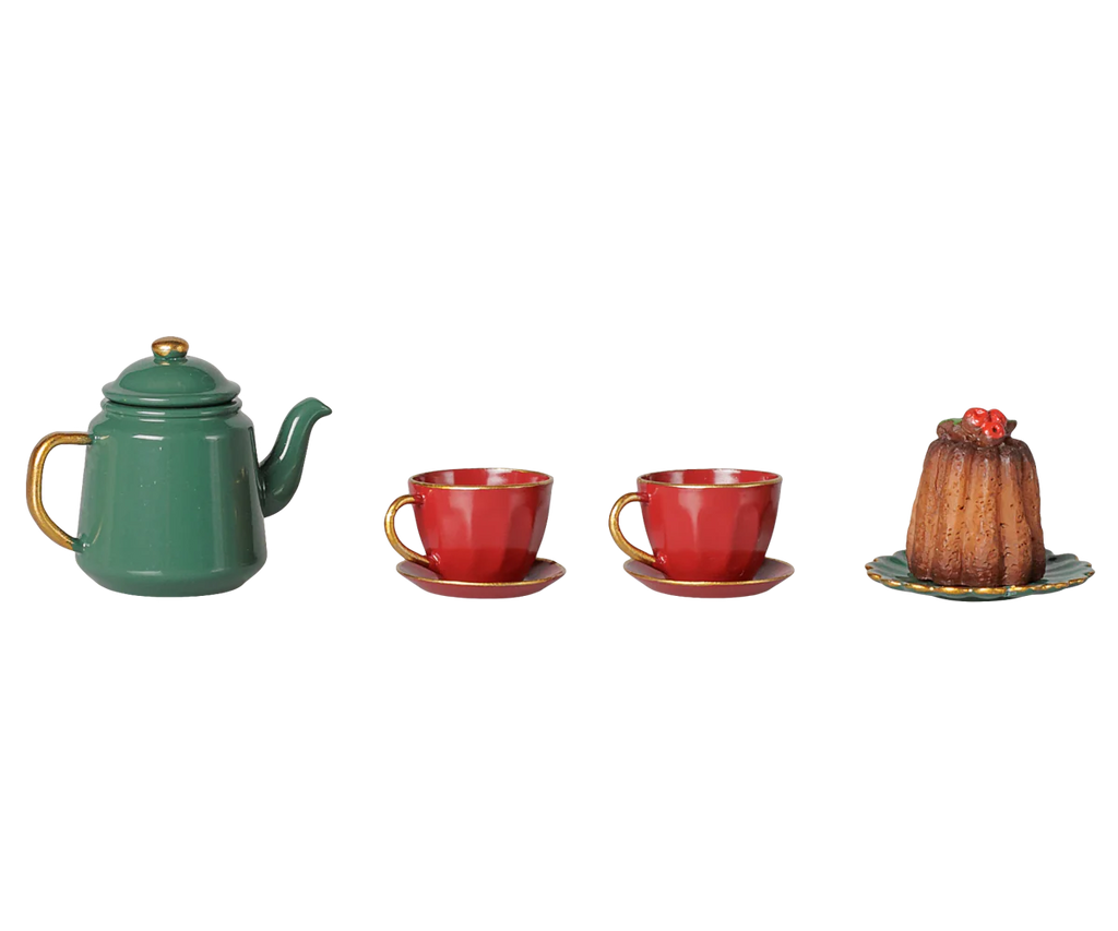 PRE-ORDER the Maileg Christmas Tea Party, Mouse - Red/Green set, featuring a festive green teapot, two red teacups with saucers, and dessert with red berries. Estimated arrival: early November.