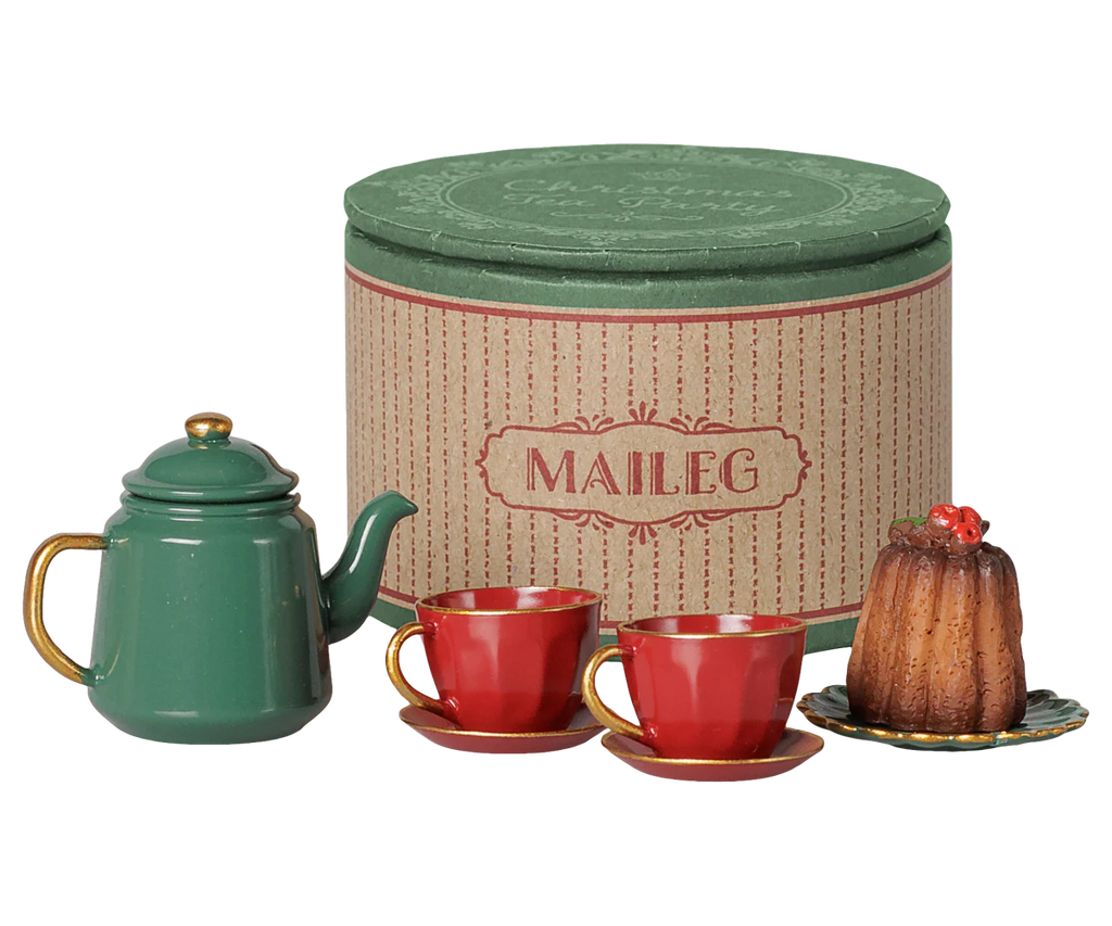 PRE-ORDER: Maileg Christmas Tea Party, Mouse - Red/Green is a festive set with a green teapot, two red cups with saucers, a small cake, and a striped round box—ideal for a mouse family tea set or charming Christmas display. Arrives early November.