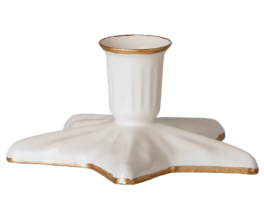 PRE-ORDER the Maileg Christmas Candle Holder, Star, Small—a white ceramic holder with a ribbed cylinder socket, star-shaped base, and handpainted golden edges. Estimated arrival: Early September.