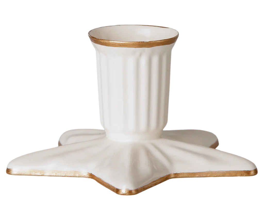 PRE-ORDER: Maileg Christmas Candle Holder, Star, Large—a white ceramic holder with vertical grooves, gold-edged rim, star-shaped base, and handpainted golden details. Estimated arrival early September.