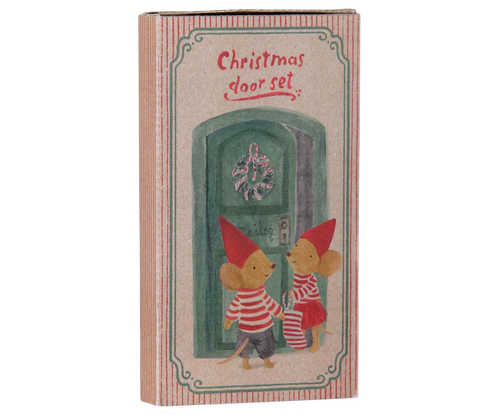 A box labeled "PRE-ORDER: Maileg Christmas Door Set, Mouse" shows two mice in red hats and striped outfits standing by a green door with a festive wreath. Estimated arrival is early November.