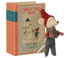 The PRE-ORDER: Maileg Christmas Mouse, Baby in Book (Estimated Arrival Early September) features a festive baby mouse in a red hat and scarf beside an illustrated "Christmas Tales: Bedtime Stories" book with a snowman and child on the cover.