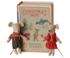 The PRE-ORDER: Maileg Christmas Twin Mice, Little Sister and Brother in Book (arriving early September), feature one mouse in dark overalls and the other in a red skirt and vest, sitting on bedding before a festive "Christmas Tales Bedtime Stories" book.