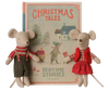 The PRE-ORDER: Maileg Christmas Twin Mice, Little Sister & Brother in Book, feature two cuddly mice on soft bedding with cozy cotton fillings—perfect companions for a winter bedtime story. Estimated arrival: early September.