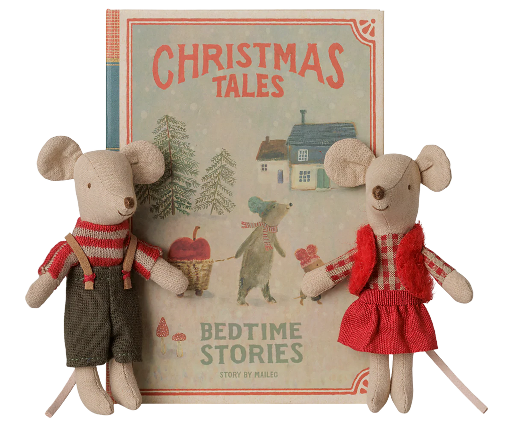The PRE-ORDER: Maileg Christmas Twin Mice, Little Sister & Brother in Book, feature two cuddly mice on soft bedding with cozy cotton fillings—perfect companions for a winter bedtime story. Estimated arrival: early September.