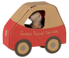 The PRE-ORDER Maileg Christmas Mouse, Little Sister in Car Box features a festive mouse in a red hat and sweater inside a toy car marked "Santa's Parcel Service," making it an imaginative holiday gift (arrives early November).