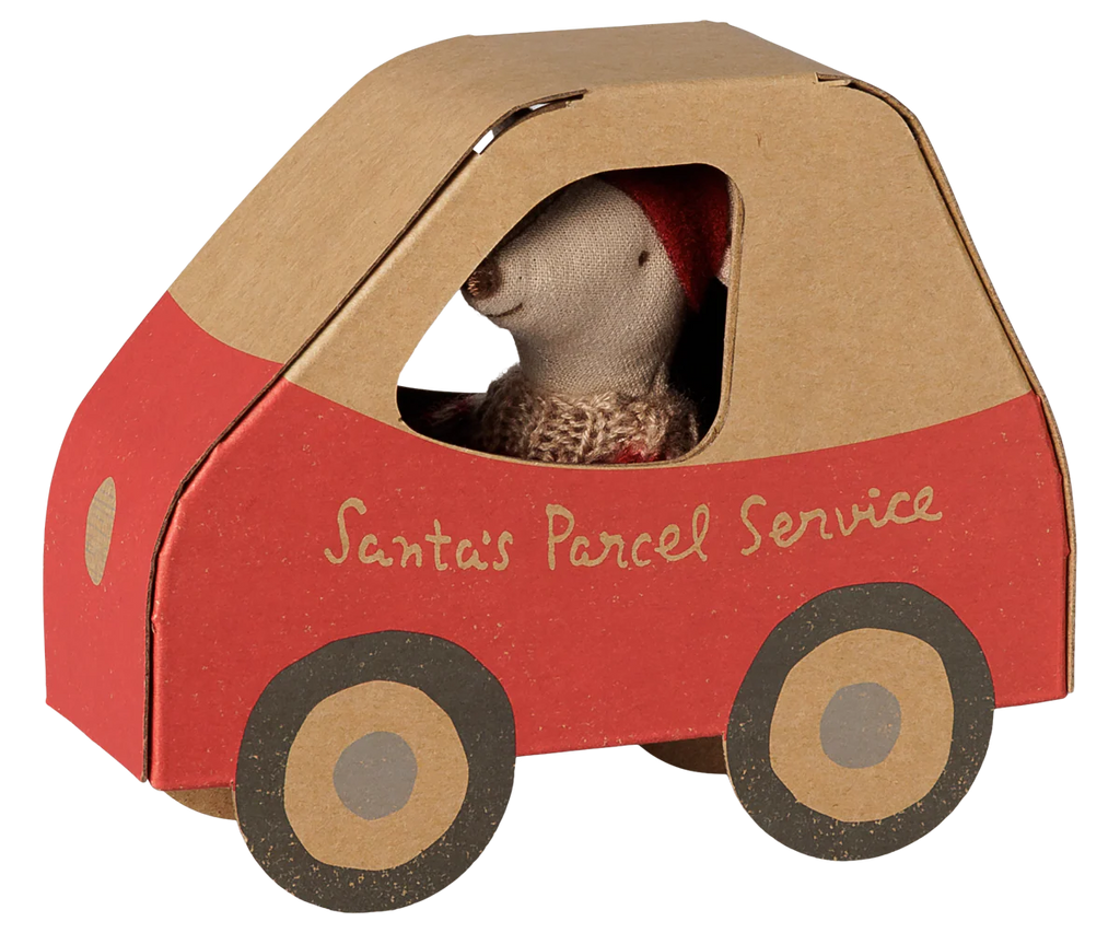 The PRE-ORDER Maileg Christmas Mouse, Little Sister in Car Box features a festive mouse in a red hat and sweater inside a toy car marked "Santa's Parcel Service," making it an imaginative holiday gift (arrives early November).
