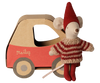 The PRE-ORDER: Maileg Christmas Mouse, Little Sister in Car Box features a festive mouse in a red hat, striped sweater, and red pants, packaged in a charming red and brown cardboard car box with "Maileg" on the side. Estimated arrival early November.