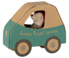 The PRE-ORDER: Maileg Christmas Mouse, Little Brother in Car Box features a festive mouse with a red hat inside a green and brown cardboard car labeled "Santa's Parcel Service"—a delightful holiday gift. Estimated arrival early November.