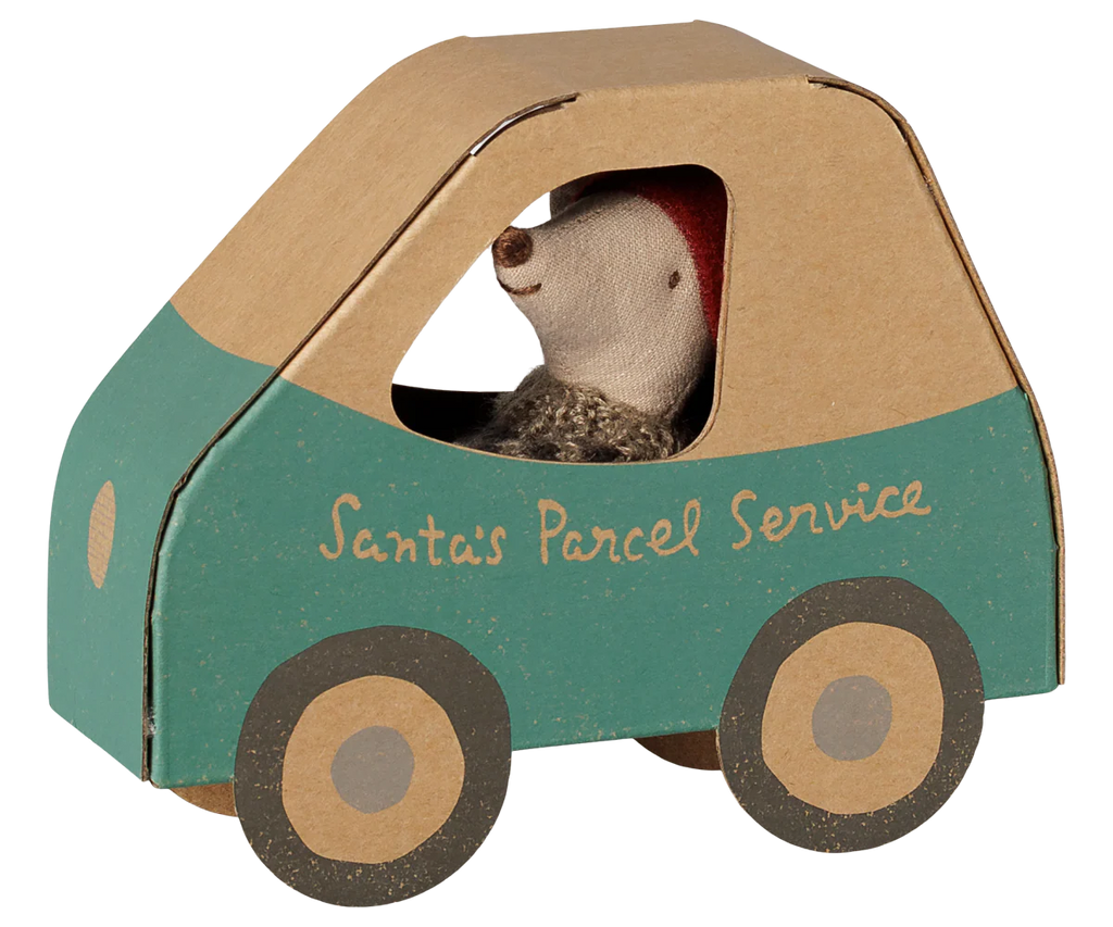 The PRE-ORDER: Maileg Christmas Mouse, Little Brother in Car Box features a festive mouse with a red hat inside a green and brown cardboard car labeled "Santa's Parcel Service"—a delightful holiday gift. Estimated arrival early November.