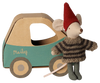 The PRE-ORDER: Maileg Christmas Mouse, Little Brother in Car Box features a festive mouse in a red hat and striped sweater beside a toy car box—an adorable holiday gift arriving early November.