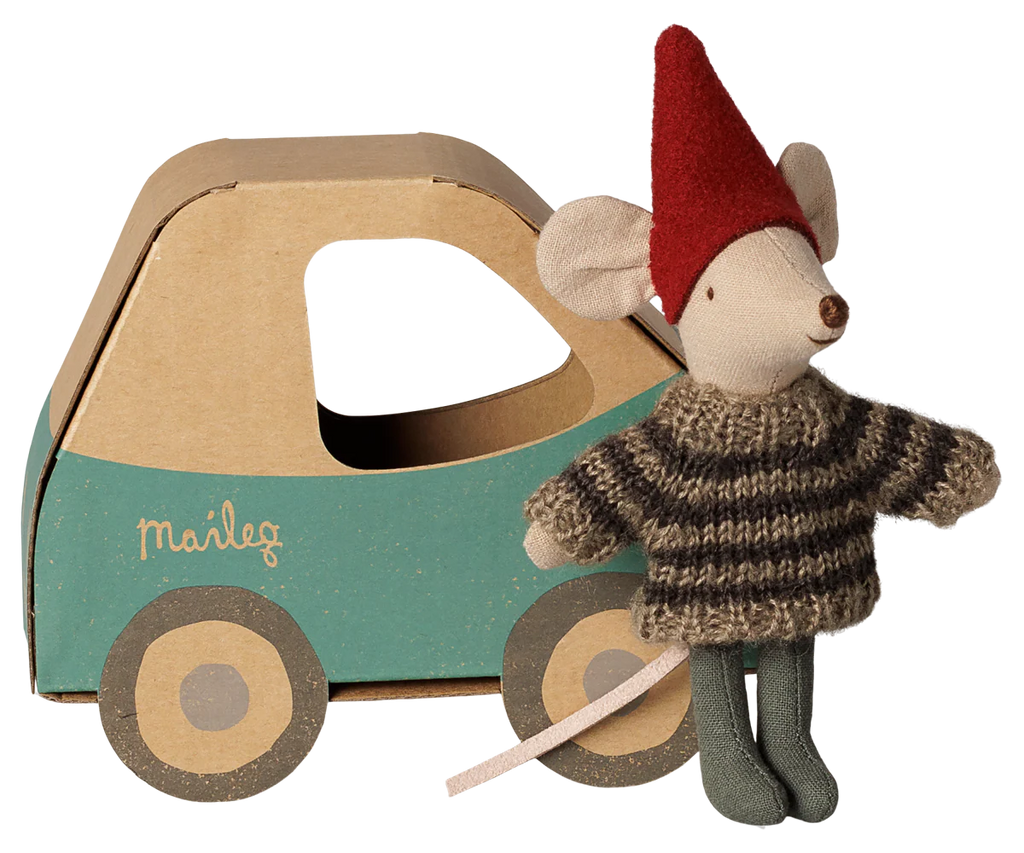 The PRE-ORDER: Maileg Christmas Mouse, Little Brother in Car Box features a festive mouse in a red hat and striped sweater beside a toy car box—an adorable holiday gift arriving early November.