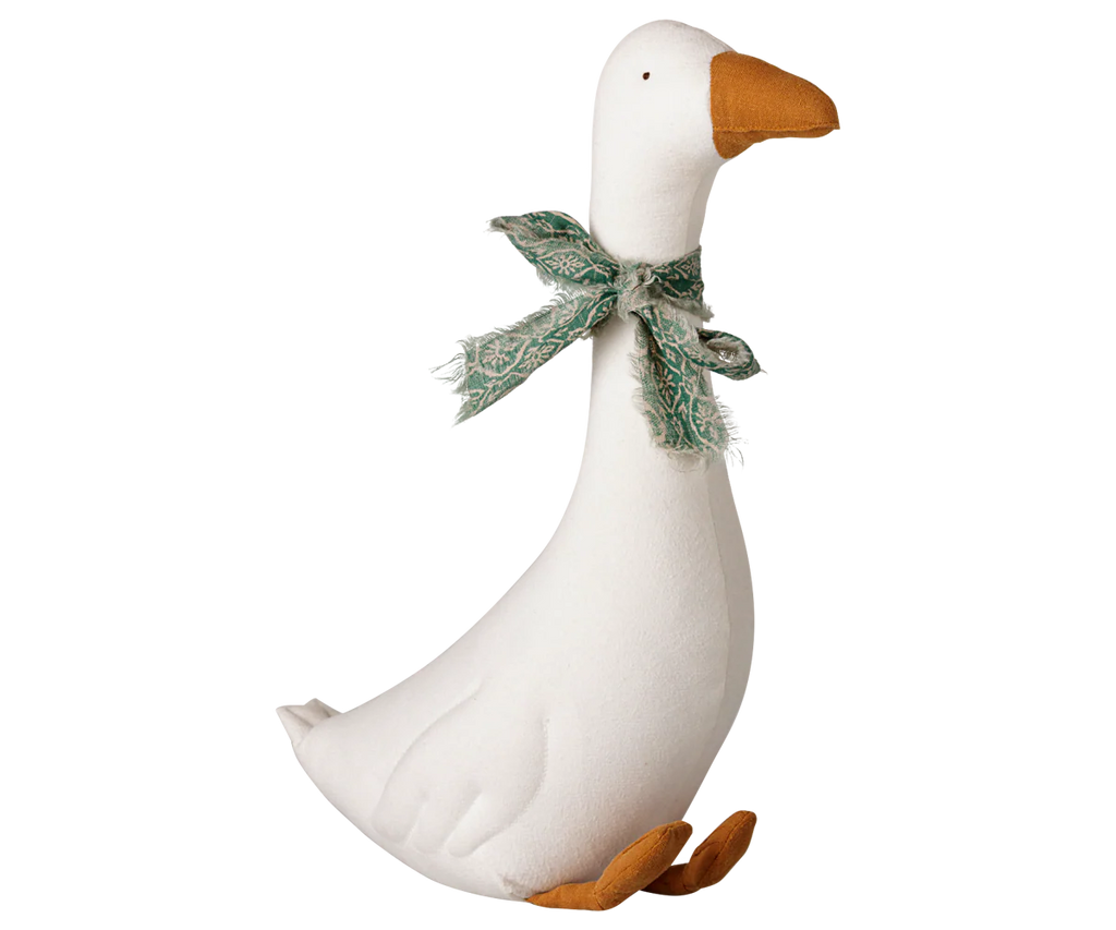 PRE-ORDER: Maileg Goose, Small - Off White features an orange beak and feet and a green patterned scarf. Sitting upright against a white background, it’s perfect for adding charm to your seasonal home decor. Estimated arrival mid-September.