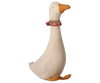 PRE-ORDER the Maileg Goose, Small - Dark Nature (arrives mid September): A charming stuffed goose toy with a beige body, orange beak and feet, and a red ruffled collar—perfect for festive Christmas decor or as a delightful decoration.