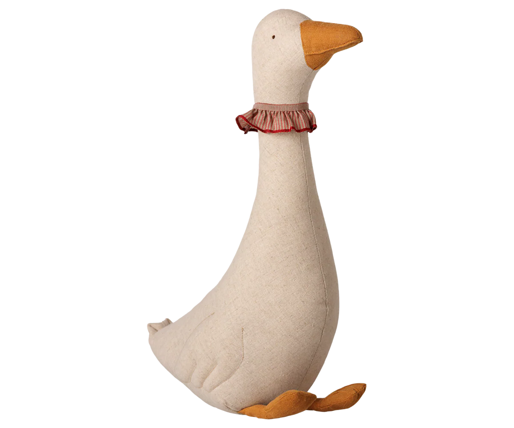PRE-ORDER the Maileg Goose, Small - Dark Nature (arrives mid September): A charming stuffed goose toy with a beige body, orange beak and feet, and a red ruffled collar—perfect for festive Christmas decor or as a delightful decoration.
