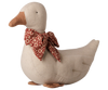 PRE-ORDER the Maileg Duck with Bow - Sand: a charming stuffed fabric duck with a beige body, brown beak and feet, and a red patterned bow—perfect for adding authentic Christmas atmosphere. Estimated arrival mid September.