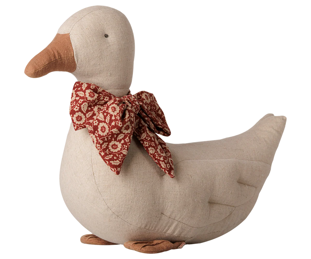 PRE-ORDER the Maileg Duck with Bow - Sand: a charming stuffed fabric duck with a beige body, brown beak and feet, and a red patterned bow—perfect for adding authentic Christmas atmosphere. Estimated arrival mid September.