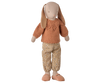 PRE-ORDER: Maileg Bunny, Size 3 - Classic, features a rust knit sweater, patterned beige pants, and matching slippers. Made from natural fabrics with long floppy ears and a stitched face. Estimated arrival: early November.