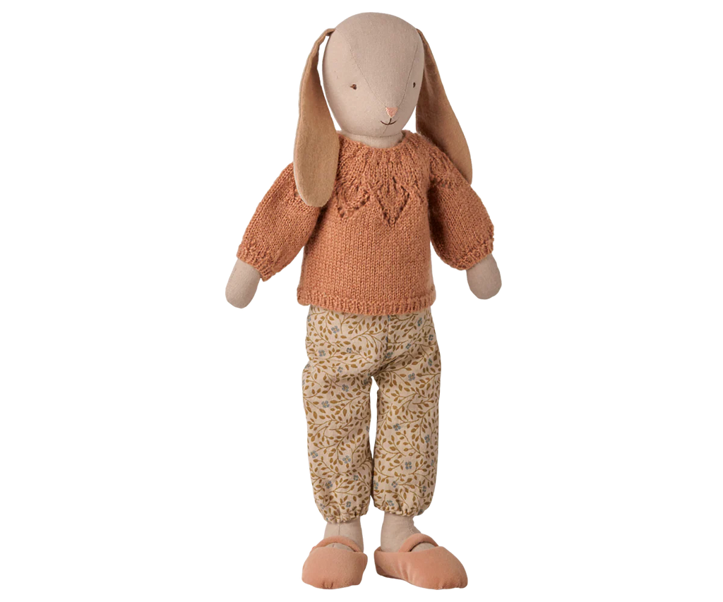 PRE-ORDER: Maileg Bunny, Size 3 - Classic, features a rust knit sweater, patterned beige pants, and matching slippers. Made from natural fabrics with long floppy ears and a stitched face. Estimated arrival: early November.