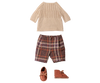 The Maileg Pants and Knitted Sweater set (Size 4, Off White) is arranged on a white background, ready for pre-order and expected to arrive in early November.