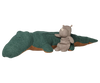 PRE-ORDER: Maileg Safari friends, Crocodile, Giant—a soft knitted green plush toy lying on its stomach with a small gray rhino companion—perfect for floor play on a plain white background. Estimated arrival: mid-November.
