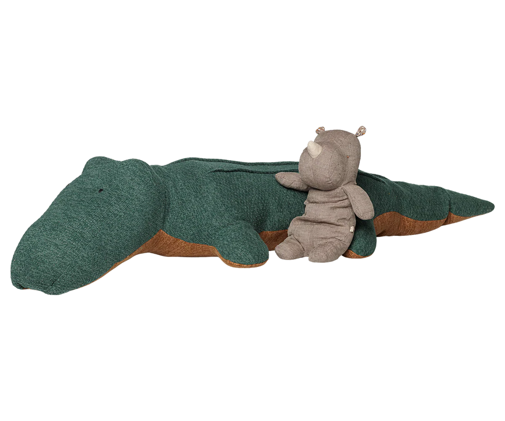 PRE-ORDER: Maileg Safari friends, Crocodile, Giant—a soft knitted green plush toy lying on its stomach with a small gray rhino companion—perfect for floor play on a plain white background. Estimated arrival: mid-November.