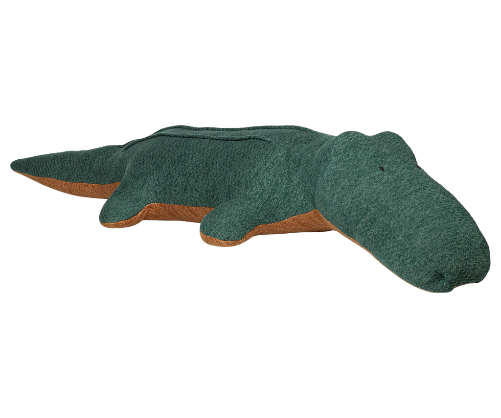 The PRE-ORDER Maileg Safari Friends Crocodile Giant features a soft green body with a brown underside, ideal for floor play. Lying flat on a white background, it's perfect for cuddles. Estimated arrival: mid November.