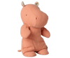 The PRE-ORDER: Maileg Safari Friends Hippo, Small – Dusty Coral, features a minimalist design with small black eyes and rounded ears, standing upright against a plain white background. Estimated arrival is early November.