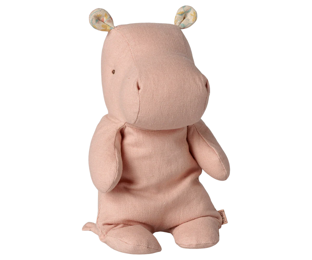 PRE-ORDER the Maileg Safari Friends Hippo, Small - Soft Rose (arriving early November): a soft, light pink hippo plush with rounded ears and pastel inner pattern—perfect as a cuddly companion or safari friend.