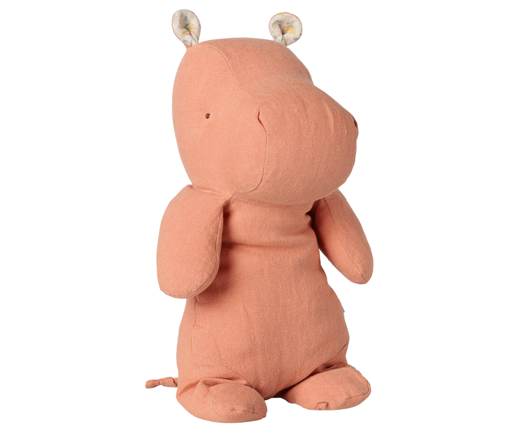 A PRE-ORDER: Maileg Safari Friends, Hippo, Medium - Dusty Coral stands upright with a charming minimalist design, small round patterned ears, and soft peach-toned fabric. Estimated arrival early November.