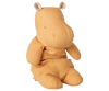 The PRE-ORDER: Maileg Safari Friends, Hippo, Medium - Vintage Yellow is a soft plush toy with floral-patterned inner ears, featuring an upright sitting pose. Estimated arrival is early November.