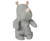 A soft linen toy, the PRE-ORDER: Maileg Safari Friends, Rhino, Small - Vintage Blue features a vintage blue body, beige horn, upright ears with patterned fabric inside, and a simple minimalist design. Estimated arrival mid November.
