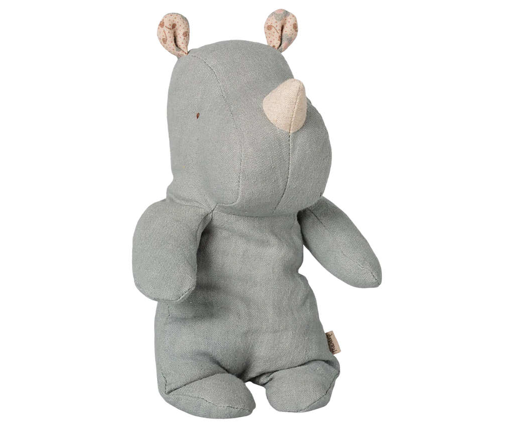 A soft linen toy, the PRE-ORDER: Maileg Safari Friends, Rhino, Small - Vintage Blue features a vintage blue body, beige horn, upright ears with patterned fabric inside, and a simple minimalist design. Estimated arrival mid November.