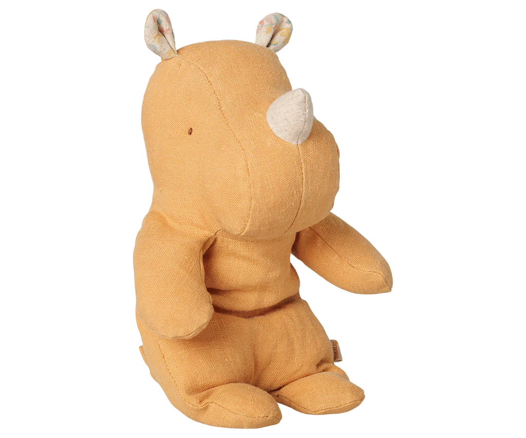 Pre-order the Maileg Safari Friends Rhino, Small in vintage yellow—a charming plush toy with patterned ears and fabric horn, perfect for your collection. Estimated arrival mid-November.