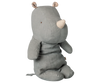 The PRE-ORDER: Maileg Safari Friends Rhino, Medium - Vintage Blue features small floral-patterned ears, a beige horn, a stitched tail, and simple stitched eyes. This plush rhino sits upright and will arrive mid-November.