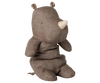 The PRE-ORDER Maileg Safari Friends Rhino, Medium - Grey Blend sits upright with a white horn, stitched details, patterned inner ears, no visible mouth, and a soft finish. Background is plain white. Estimated arrival mid November.