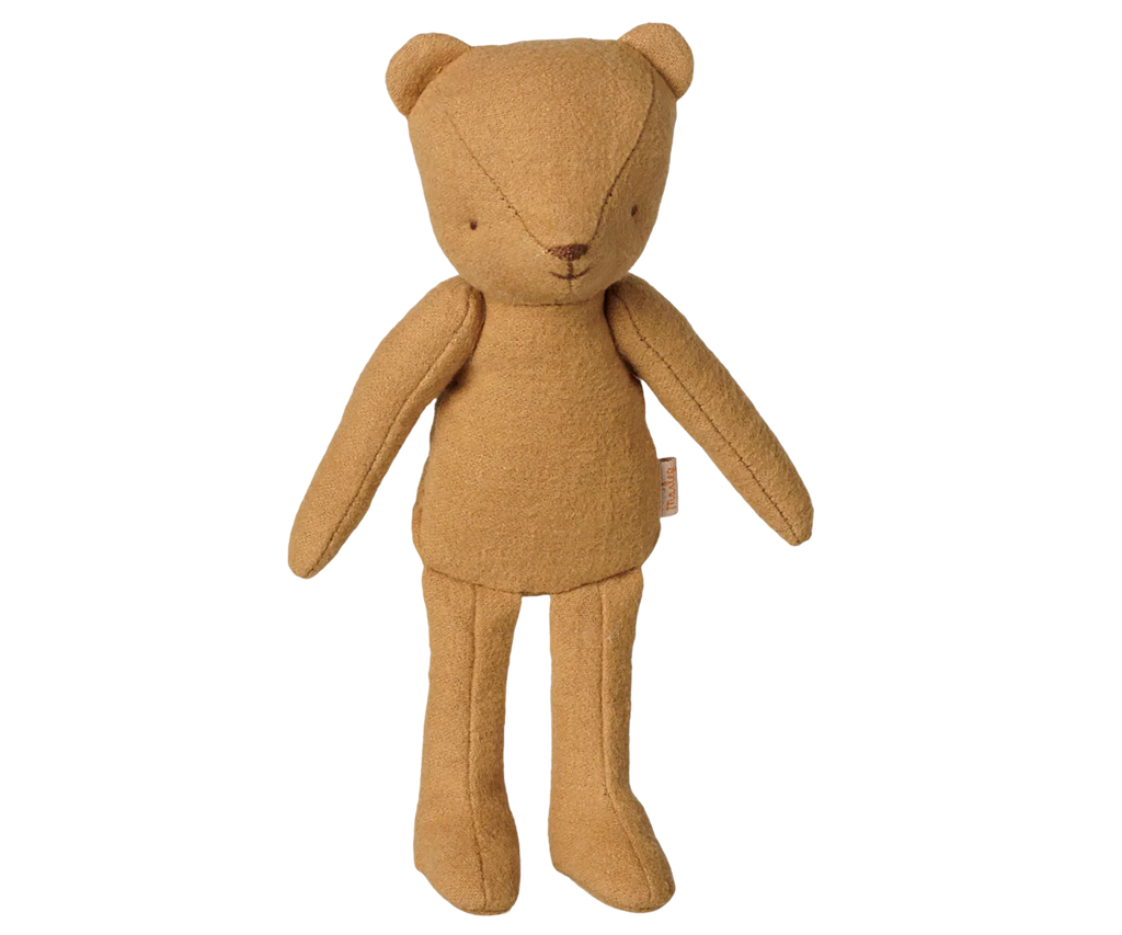 The PRE-ORDER: Maileg Teddy Junior - Cream Yellow (Estimated Arrival Mid November) is a charming, upright teddy bear with long limbs, minimal features, and no clothing, giving it a soft vintage look against a plain white background.