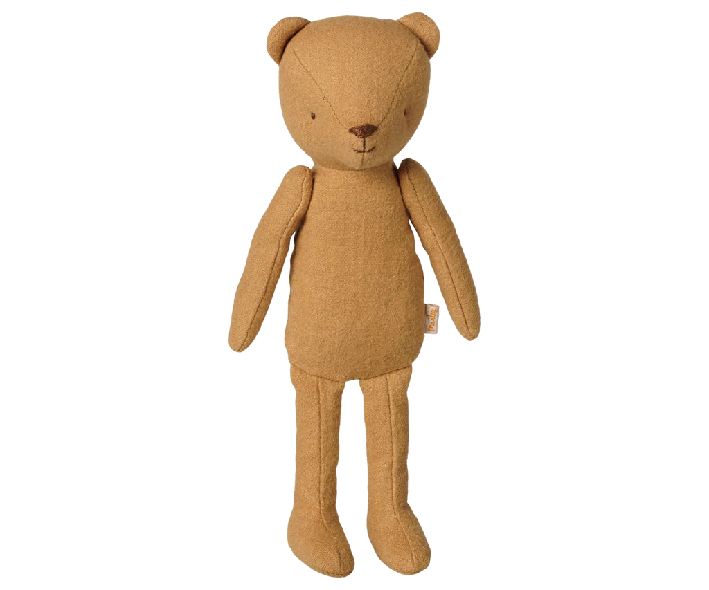 PRE-ORDER: Maileg Teddy Mum - Cream Yellow stands upright against a plain white background, featuring stitched facial details, elongated arms and legs, and no clothing or accessories. Estimated arrival mid November.