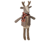 The PRE-ORDER: Maileg Reindeer, Father (Estimated Arrival Early November) is a plush stuffed animal with brown antlers, dressed in a gray vest and red, black, and white striped scarf, shown upright against a plain white background.