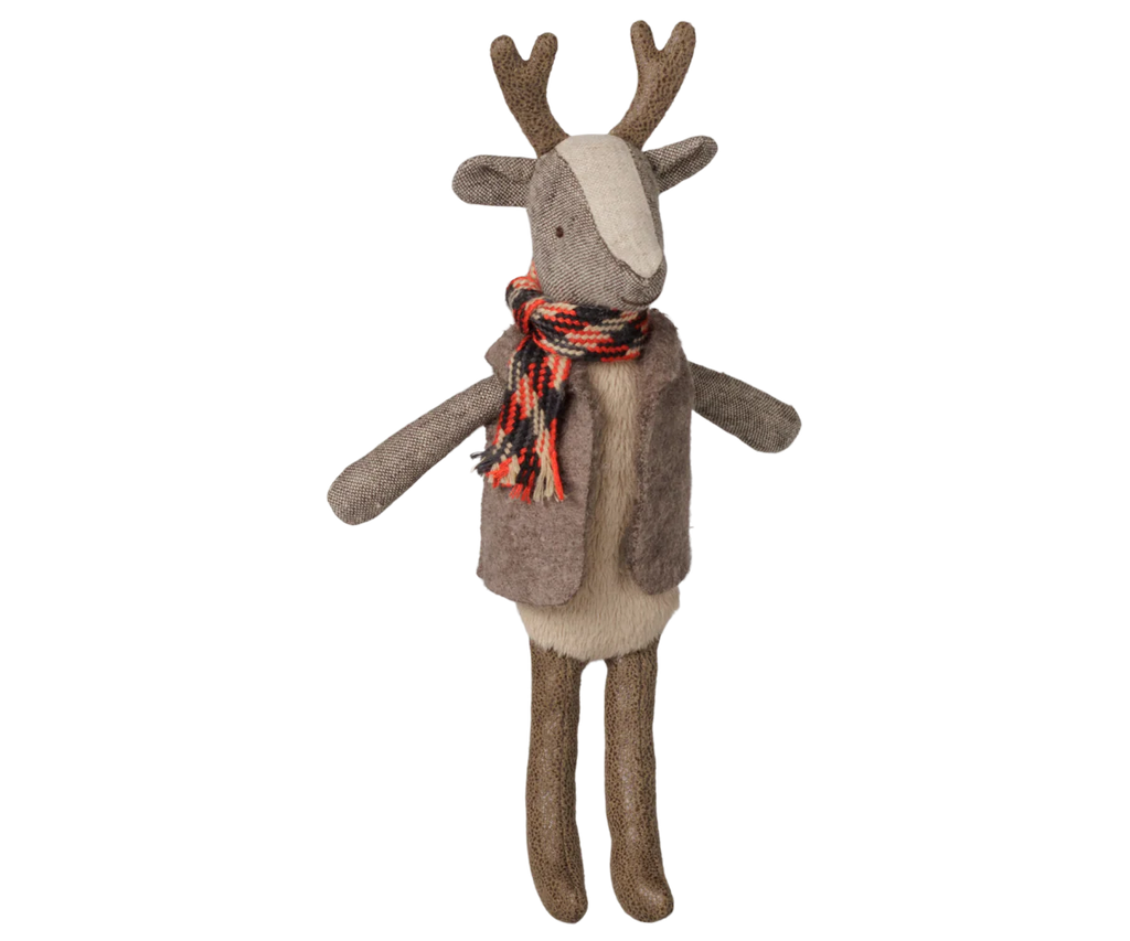 The PRE-ORDER: Maileg Reindeer, Father (Estimated Arrival Early November) is a plush stuffed animal with brown antlers, dressed in a gray vest and red, black, and white striped scarf, shown upright against a plain white background.
