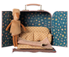 The PRE-ORDER: Maileg Reindeer in Suitcase, Little Sister (arriving early November) features a floral-lined suitcase with a plush reindeer, yellow couch, and blankets—creating a cozy miniature living room for imaginative play.