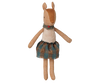 The PRE-ORDER: Maileg Reindeer, Mother, features light brown plush fur, a blue and brown plaid skirt, and a gray ruffled collar with a red button. The toy stands upright against a white background. Estimated arrival: Early November.