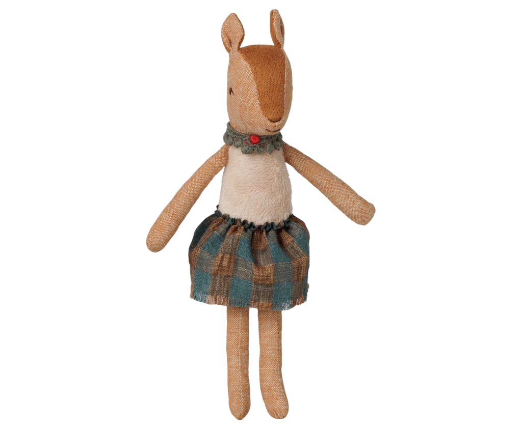 The PRE-ORDER: Maileg Reindeer, Mother, features light brown plush fur, a blue and brown plaid skirt, and a gray ruffled collar with a red button. The toy stands upright against a white background. Estimated arrival: Early November.