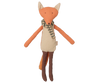 The PRE-ORDER: Maileg Fox, Little Brother (Estimated Arrival Early November) is a cotton plush soft toy featuring an orange and cream fox with long brown legs and a green and white checkered scarf, shown standing upright against a plain white background.