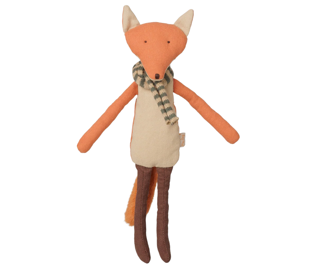 The PRE-ORDER: Maileg Fox, Little Brother (Estimated Arrival Early November) is a cotton plush soft toy featuring an orange and cream fox with long brown legs and a green and white checkered scarf, shown standing upright against a plain white background.