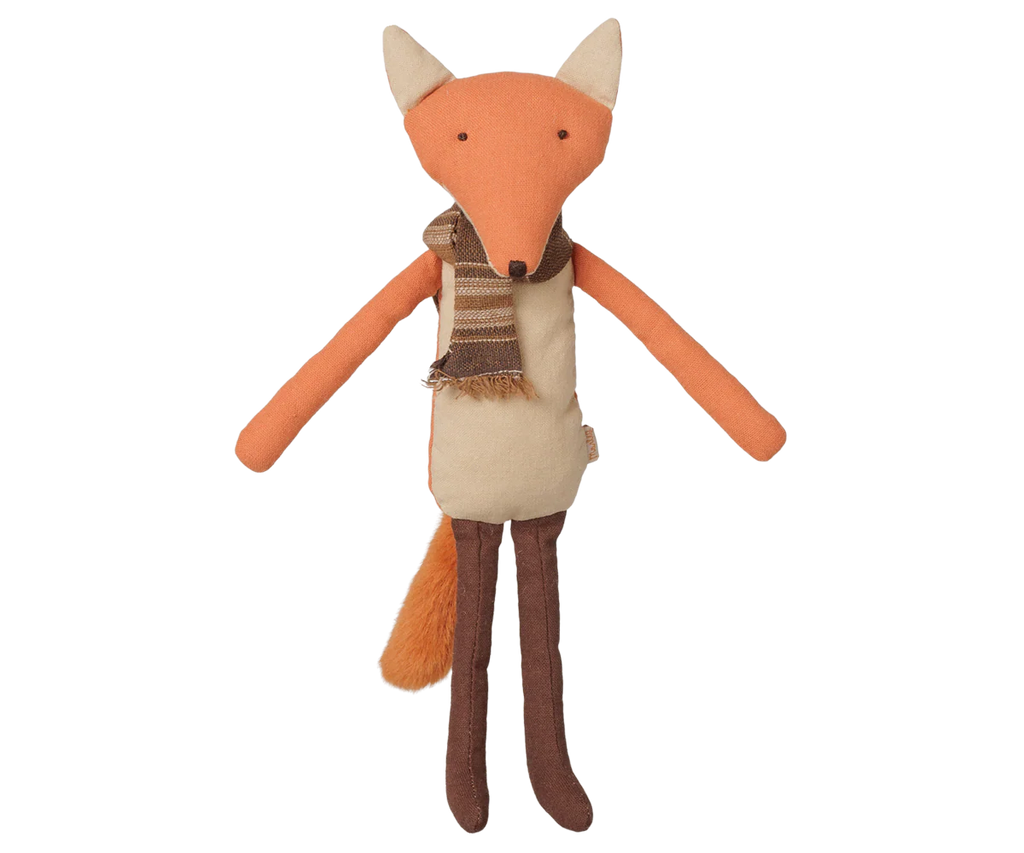 The PRE-ORDER: Maileg Fox, Big Brother (Estimated Arrival Early November) features an adorable orange and beige plush fox with a bushy tail, brown legs, and a striped scarf—your perfect forest friend companion.
