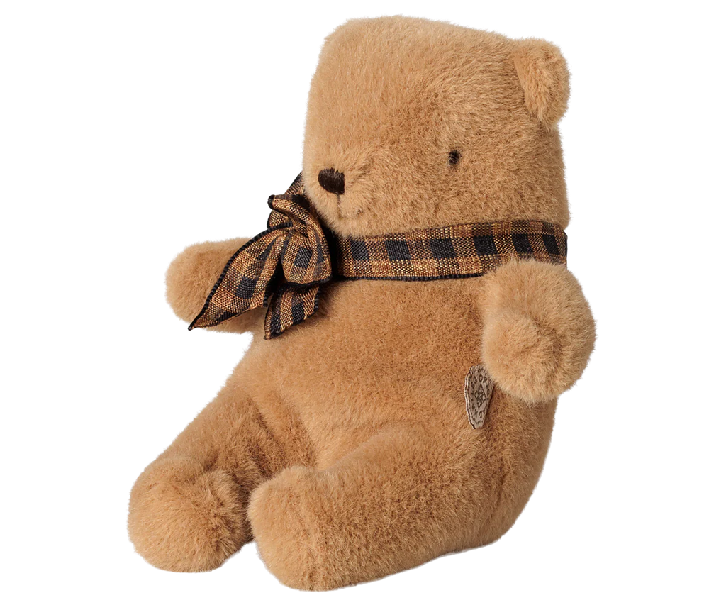 A PRE-ORDER: Maileg Teddy Bear Plush, Mini - Mushroom sits upright against a plain white background, featuring soft plush fabric and a charming vintage-inspired design. Estimated arrival is early October.