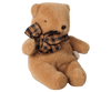 The PRE-ORDER: Maileg Teddy Bear Plush, Mini - Mushroom is a soft light brown bear sitting upright with a checkered bow and a small dark nose, shown on a plain white background. Estimated arrival: Early October.