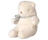 The PRE-ORDER: Maileg Teddy Bear Plush, Mini - Off White features a soft, upright plush bear wearing a light blue and gray knitted scarf, with small eyes and a stitched nose. Estimated arrival early October.