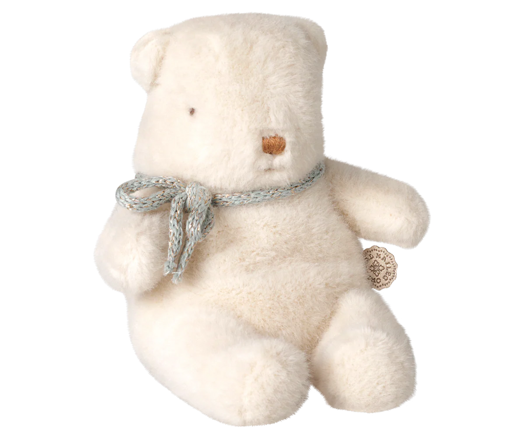 The PRE-ORDER: Maileg Teddy Bear Plush, Mini - Off White (Estimated Arrival Early October) sits upright against a plain background, making it the perfect mini huggable companion for cozy moments.